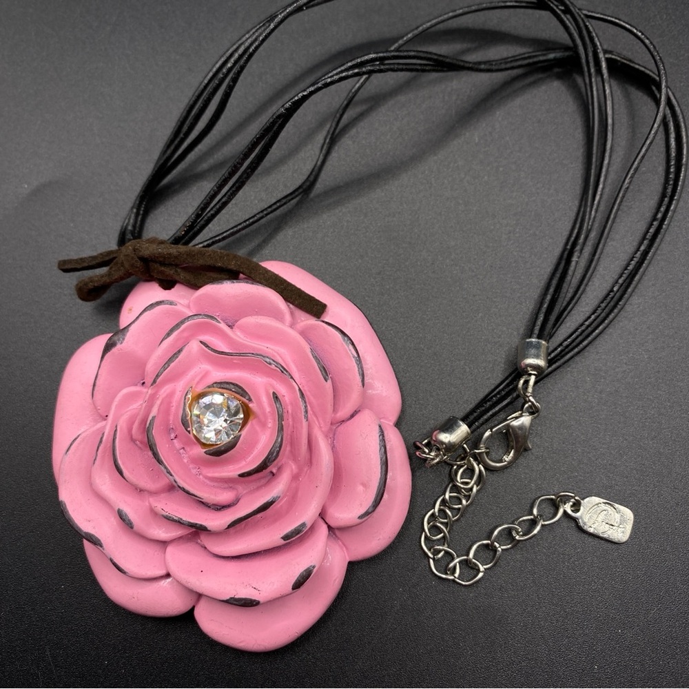 You & I Pink Flower With Rhinestone On Black Leather Cord Bohemian Pendant
